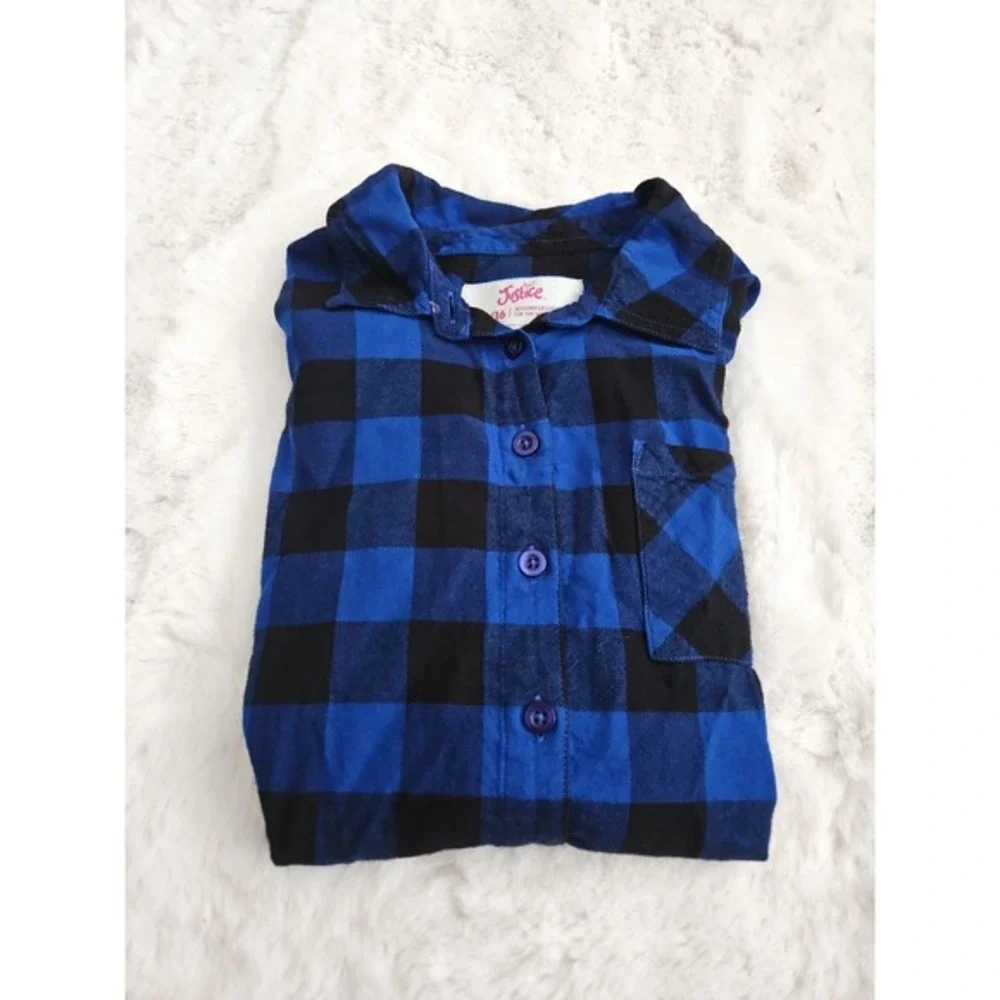 Justice Girls Blue & Black Buffalo Plaid Flannel Button‎ Down Shirt Size 14/16